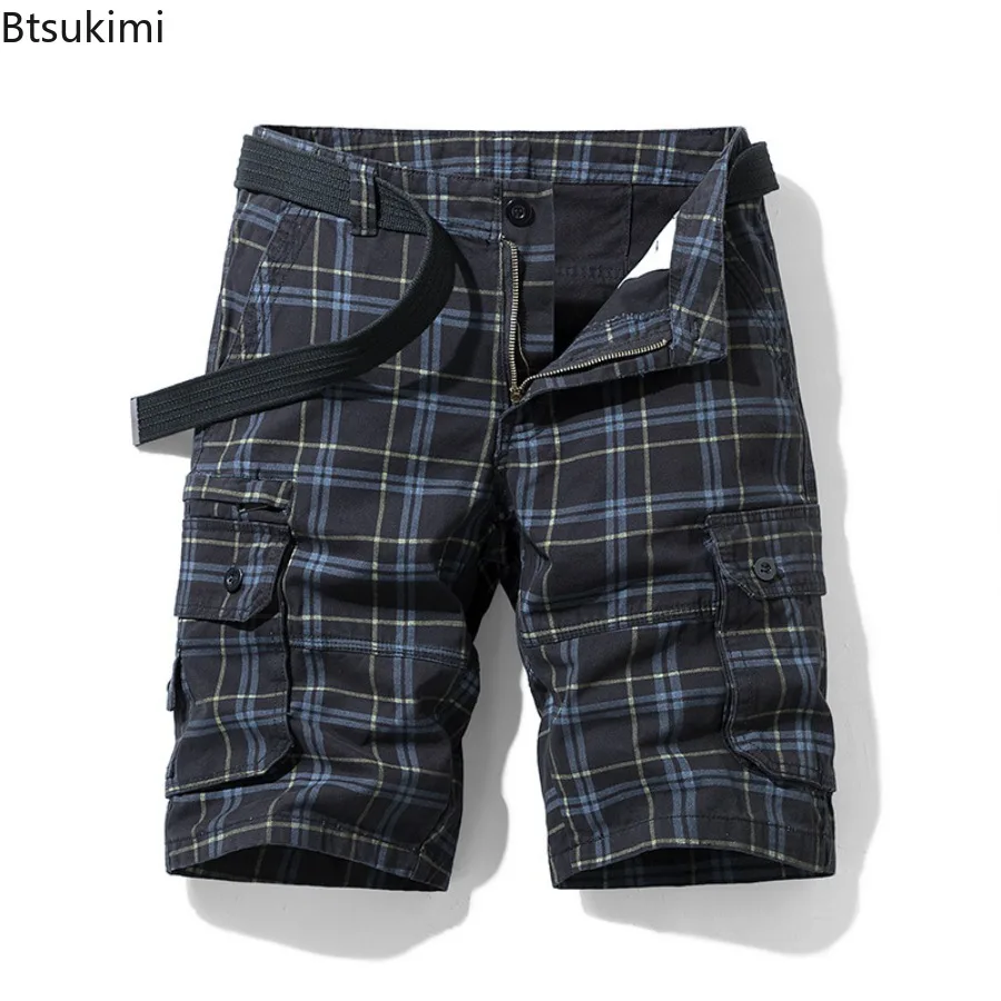 Summer Fashion Men's Plaid Beach Shorts Pure Cotton Casual Sports Cargo Pants for Men Simple Slim Fit Multi Pocket Pants Male