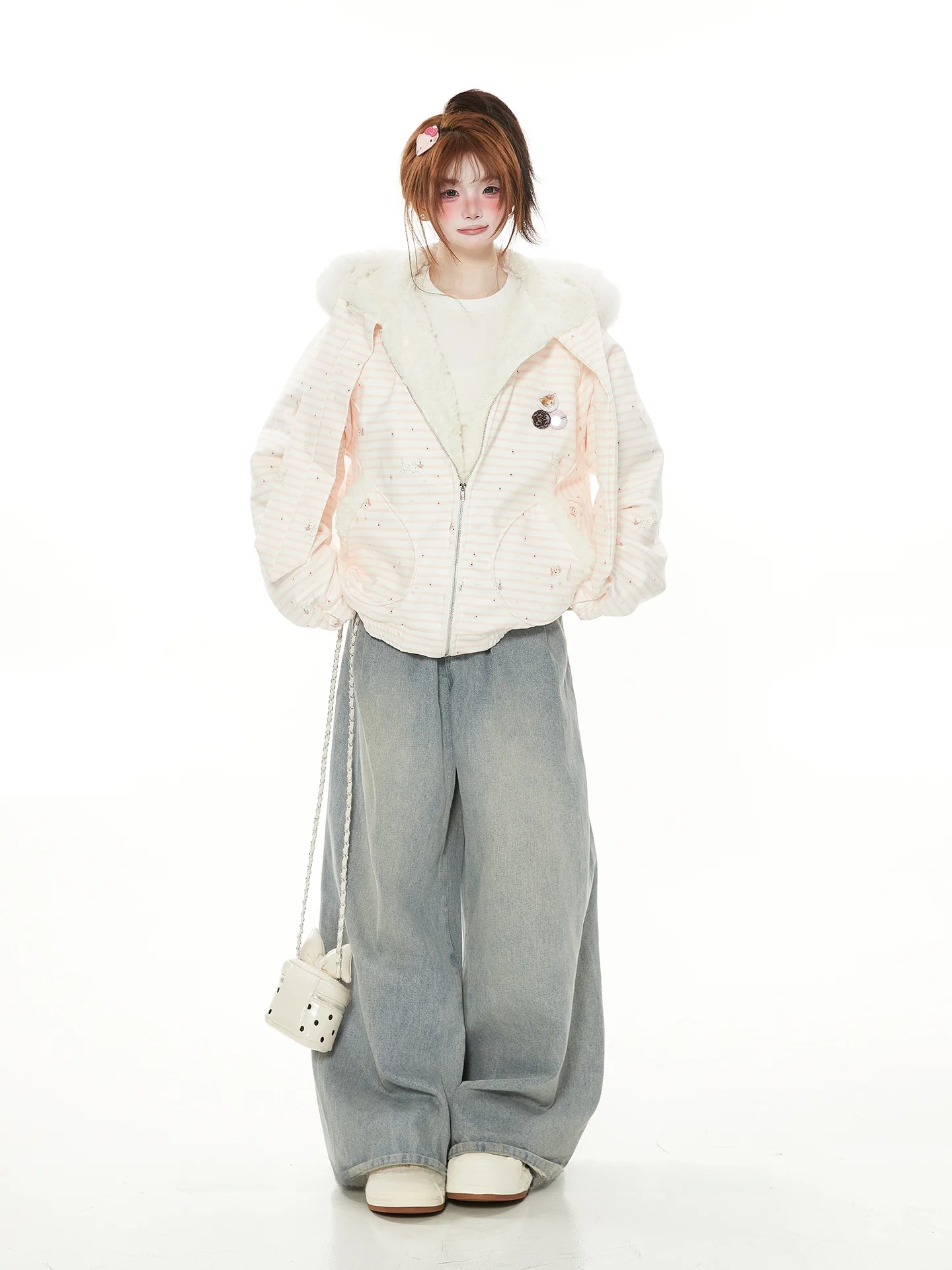 Sweet Adorable Thickened Fluffy Hooded Cotton Jacket Women's Bow Print Winter Coat Pink Stripes Fur Collar Removable Polyester