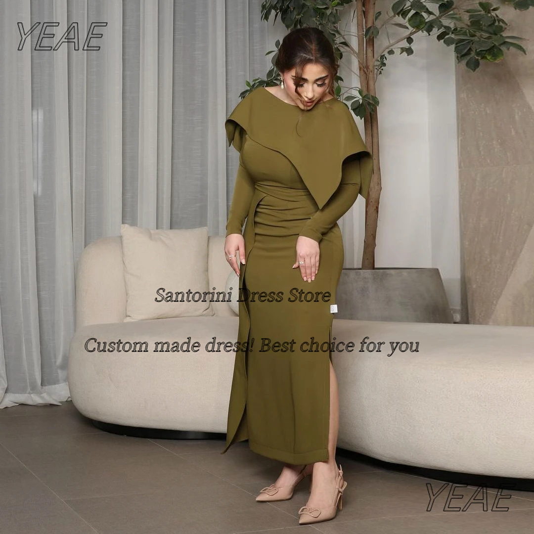 

Santorini Saudi Dresses for Evening Party with Shawl Long Sleeves Prom Dress Zipper Back Side Slit Vestido De Festa De Casamento