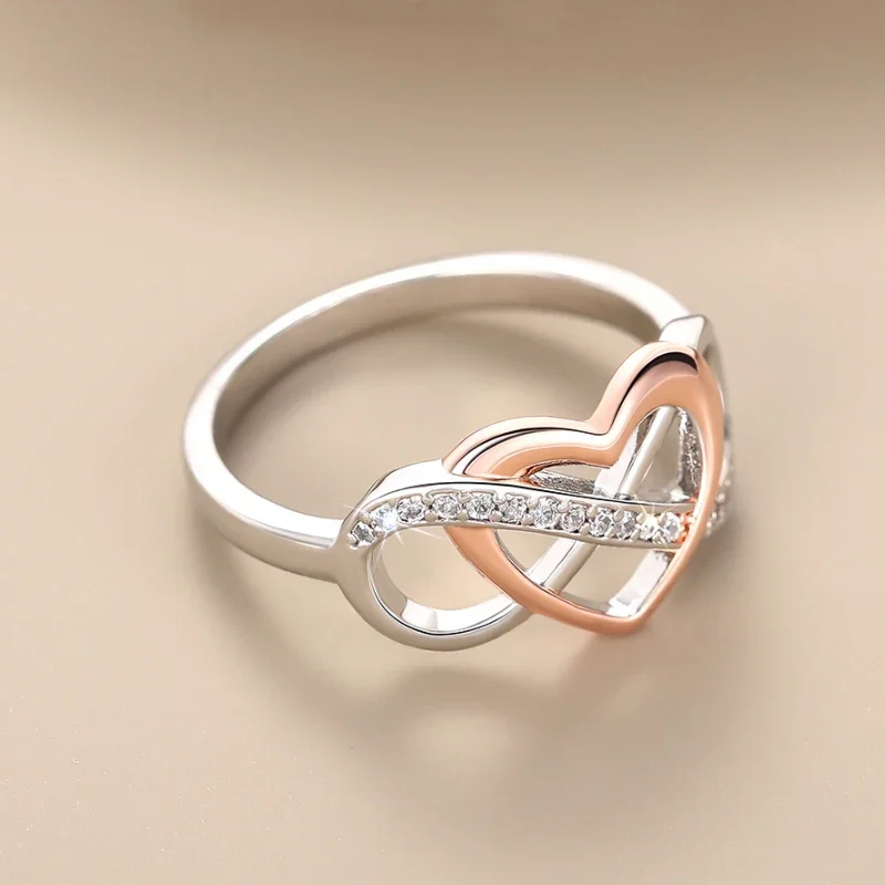 Huitan Unique Infinity Sign and Heart Designed Rings for Women Trendy Love Shiny Finger Accessory Chic Two-tone Wedding Jewelry