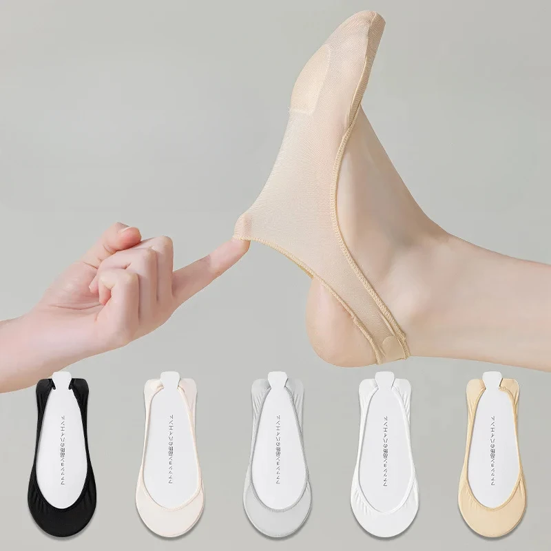 Summer Sock Slippers Women High-heeled Shoes Invisible No Show Socks Seamless Ice Silk Silicone Non-slip Low Cut Boat Socks Sox