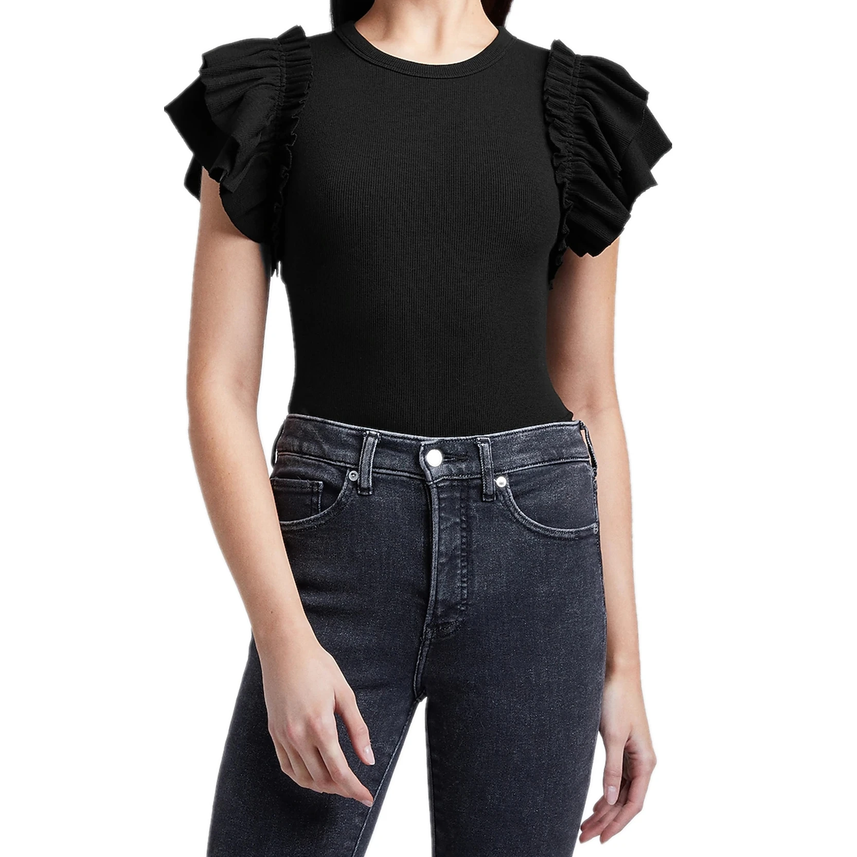 New Black Short Ruffle Sleeve Women Tops And Blouses Summer Cotton Solid Ribbed Crew Neck Casual Straight Hem Women Blouse Tees