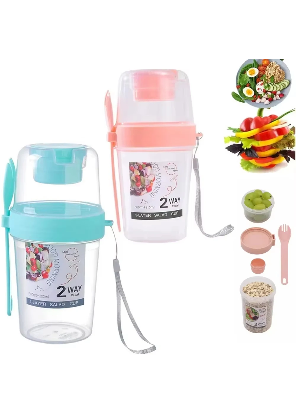 Portable Salad Cup Double Oatmeal Cup Yogurt Nut Fat-Reduced Vegetable Fruit Box Cup with Lid Spoon Breakfast Cup Lunch Box