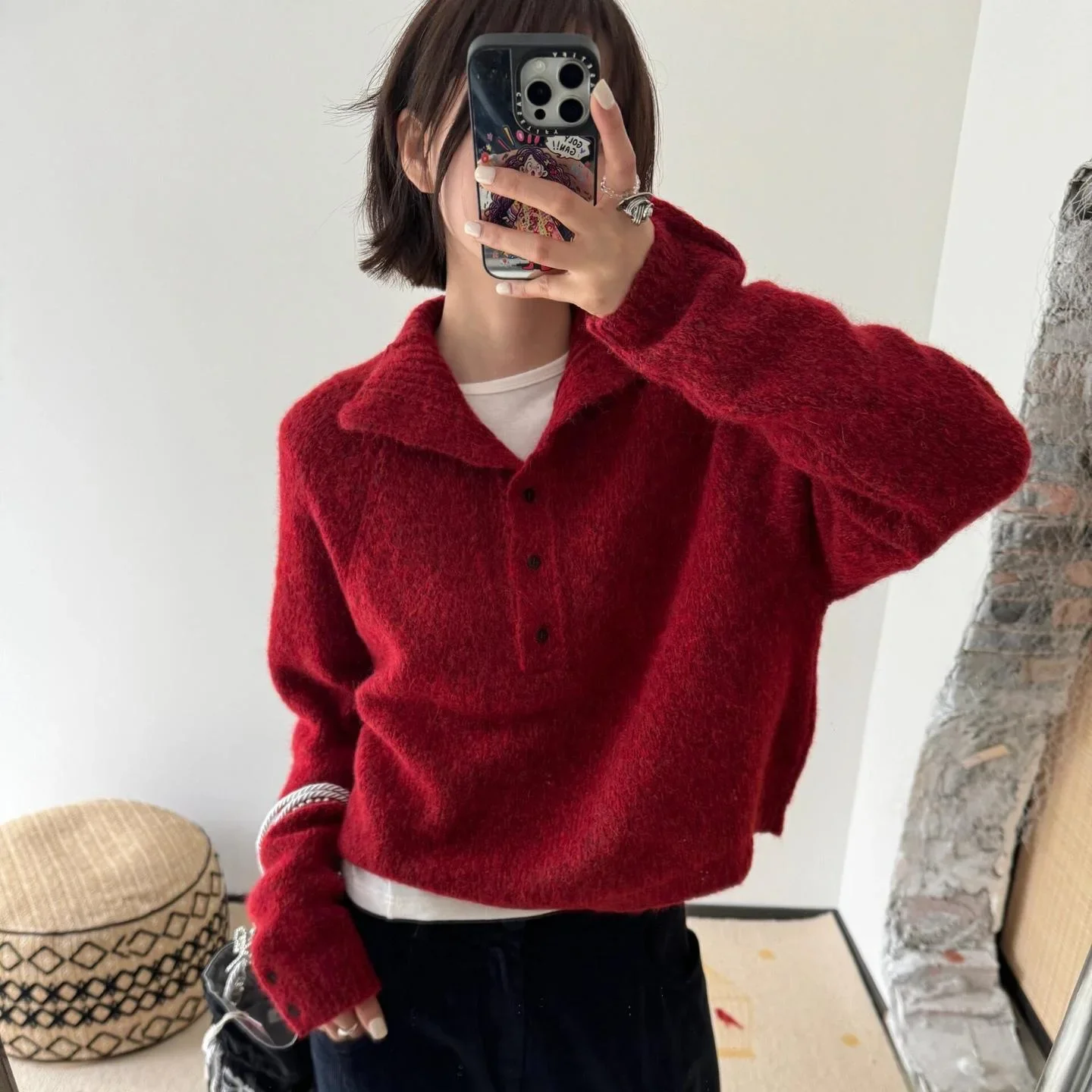 

LangMao Autumn Winter Solid Knit Cardigan Pullover Long Sleeved Button Up Warm Soft Sticky Red Women's Sweater