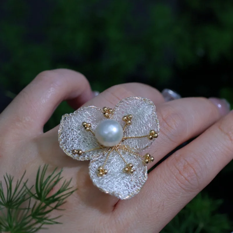

SGARIT New 14k Filled Gold Ring Edison Pearl Lace Craftsmanship Floral Style Personalized Valentine's Day Wedding Gift