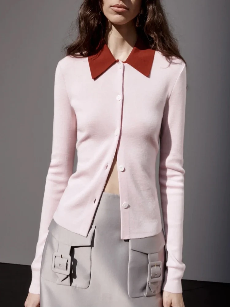 

High-End Version European Sle Summer SE Pink Sweet Gentle Color Contrast Collar Knitted Open Cardigan Top for Women