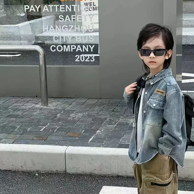 Premium Boys Denim Jacket Spring Autumn Thin Collared Streetwear Shirt Big Kids Trendy Casual Wear