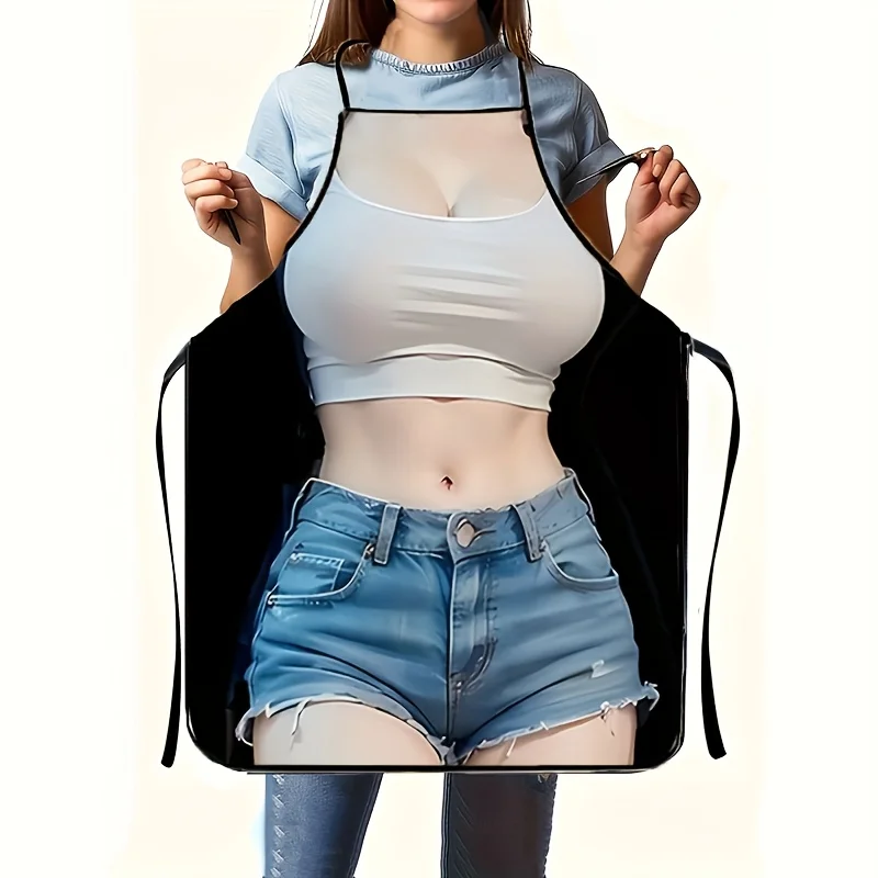 Cool Fake Figure White Tank Top Jean Shorts Print Apron Waterproof Oilproof Kitchen Apron Humorous Present For Chef Grill Family