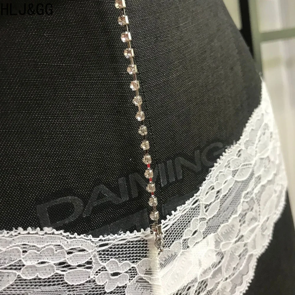 HLJ&GG Sexy Lace See Though Halter Detachable Rhinestone Bodysuits Women Sleeveless Backless One Piece Rompers Clubwear 2025 New
