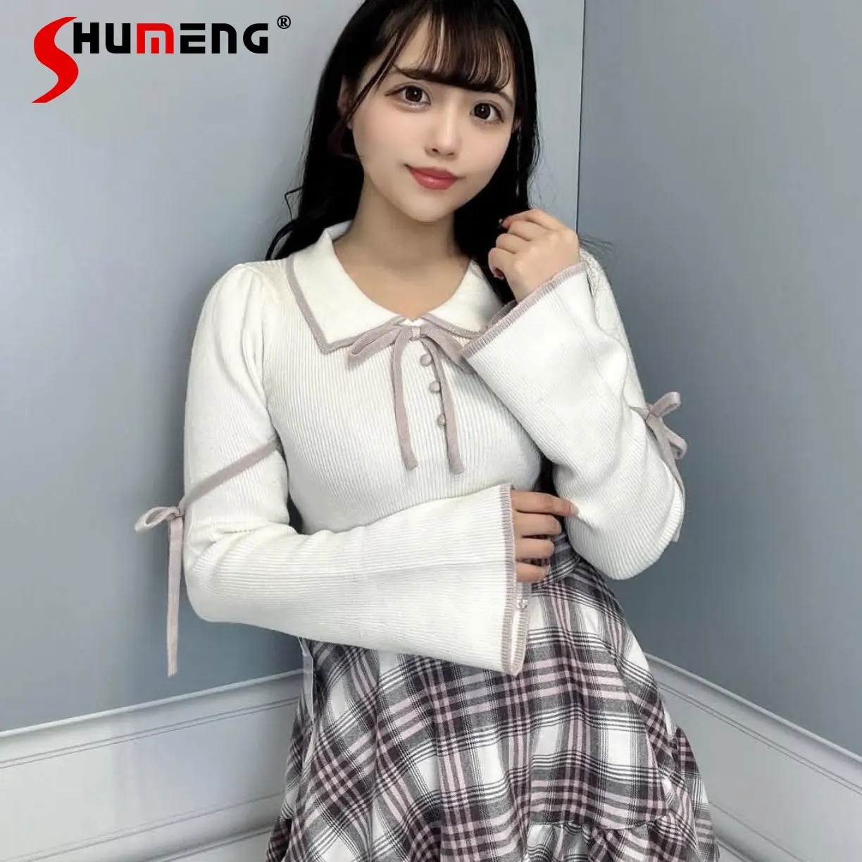 

Japanese Style Elegant Sweet Girl Lapel Lace-up Bow Flared Long Sleeve Versatile Knitted Sweater Pullovers for Women Spring 2026