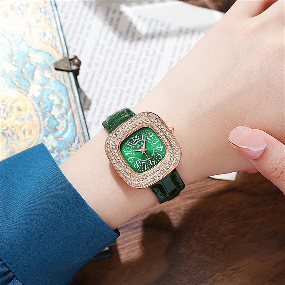 Fashion Full Star Luxury Ladies Square Arabic Numerals Quartz Watch Casual Green Leather Women's Gift Clock Wristwatch