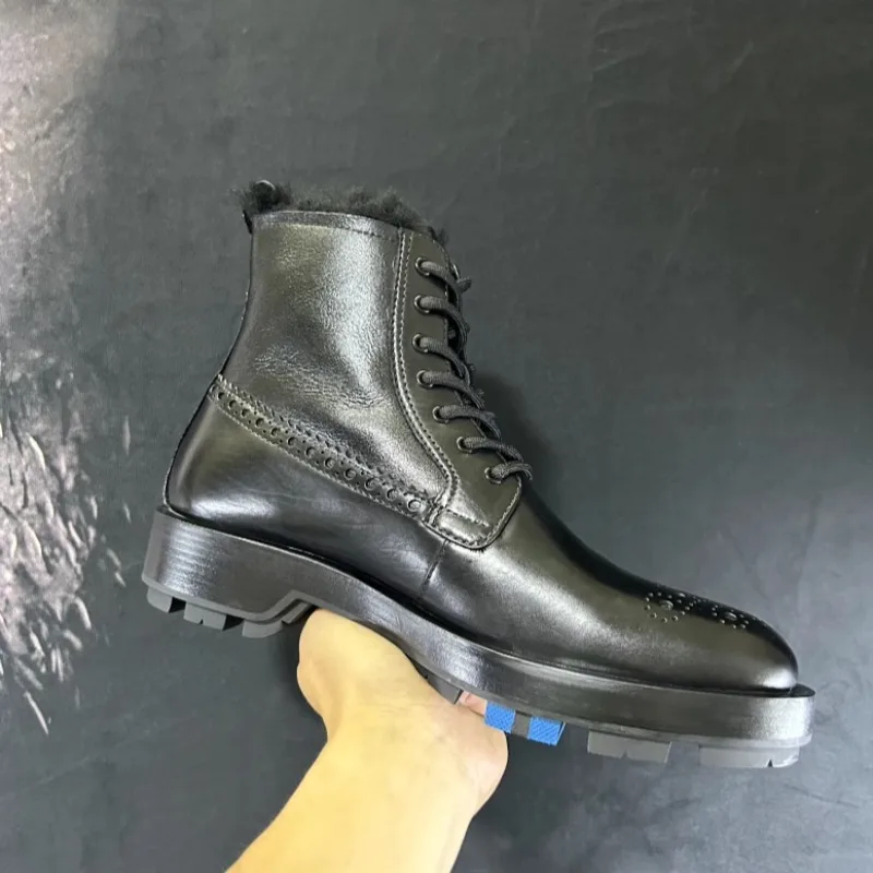 مصمم تشيلسي أحذية رجالية أحذية الشتاء الصوف السميك الدافئة عالية أعلى جلد طبيعي عارضة العمل دراجة نارية الثلوج الأحذية الذكور #4