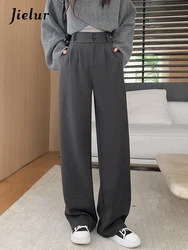 Jielur Winter Thick Straight Loose Female Wide Leg Pants Solid Color Casual Double Buttons Simple Fashion Women's Pants Apricot