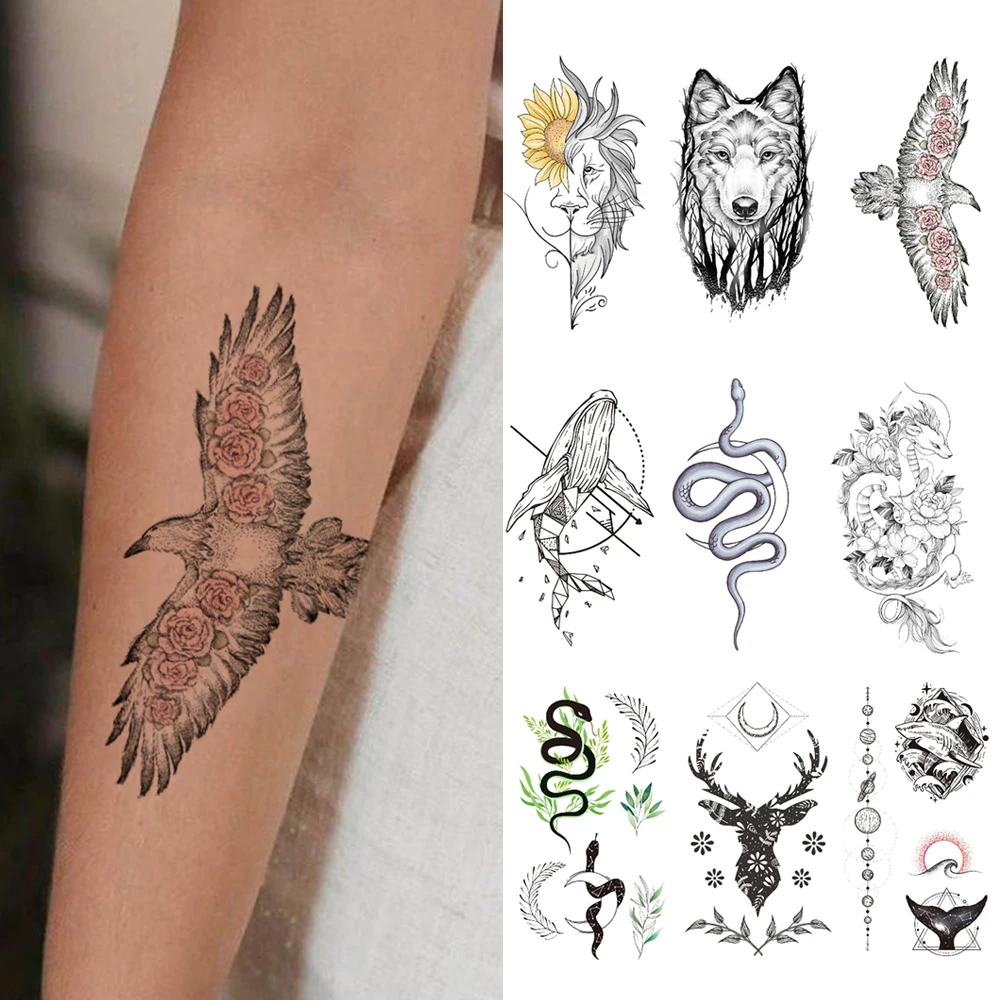 10pcs Black Animal Waterproof Temporary Tattoo Sticker Lion Snake Eagle Dolphin Deer Rose Body Art Arm Fake Tattoos Women Men