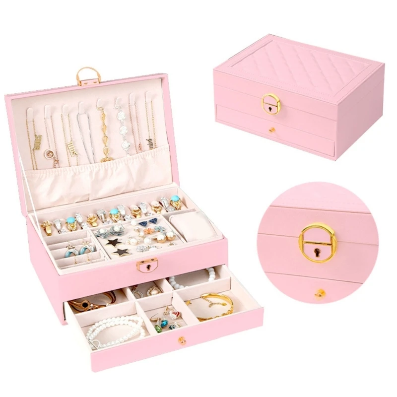 Deluxe Jewelry Chest Multi Layer Necklace Earring Storage Box with Soft Interior