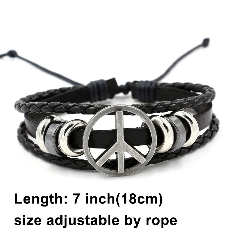 Anti-war Sign Mark Bracelet for Men and Women Peace Accessory Multi-layer braided PU Leather Hand Jewelry Size Adjustable