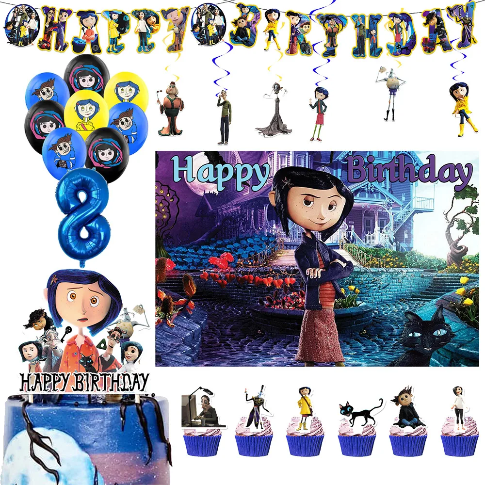 Coraline & ประตูลับตกแต่งงานเลี้ยงวันเกิดตกแต่งหน้าเค้กอุปกรณ์ตกแต่งแบนเนอร์ตัวเลขบอลลูนชุดพื้นหลังสำหรับอาบน้ำเด็ก