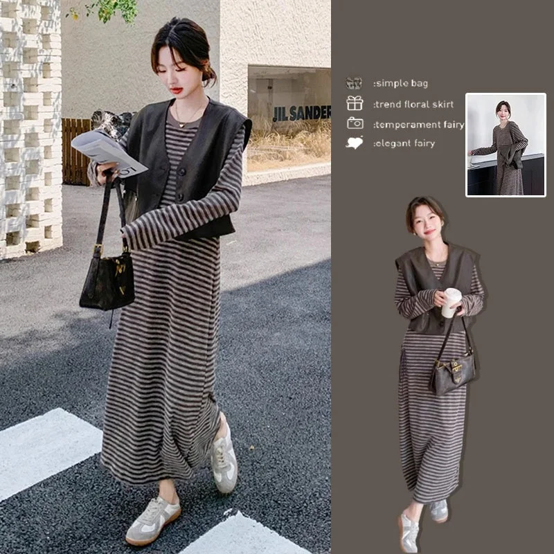 

Elegant Slimming Stripe Dress Casual Tank Top Autumn New Fashion Set Women High Waist Regular Length Commute Style Leisure Wear