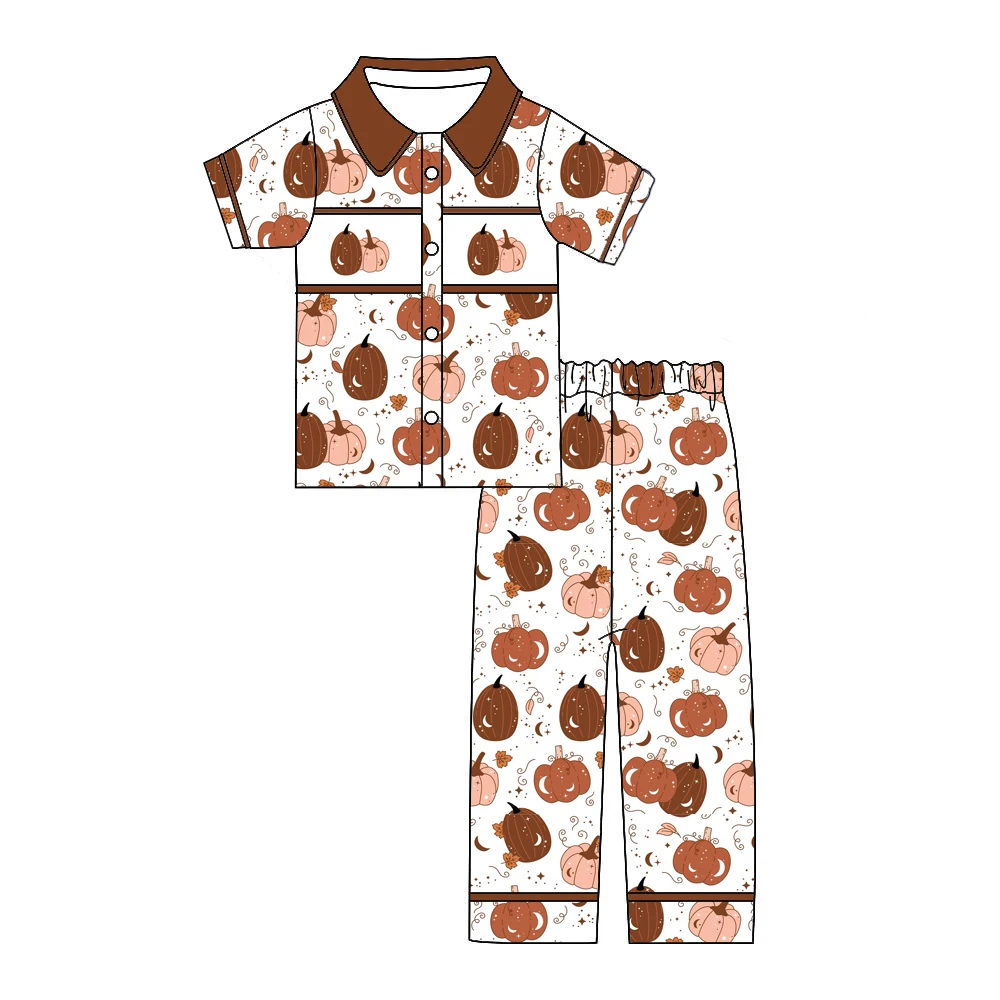 Thanksgiving boutique children's suit short-sleeved elastic pumpkin maple leaf printed trousers girls boys trousers pajama set
