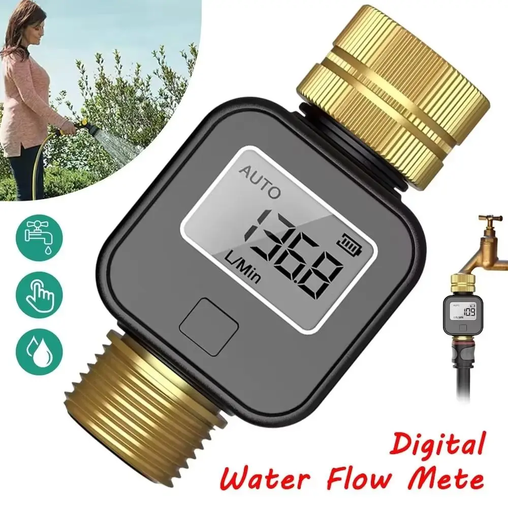 IPX5 Waterproof Digital Water Flow Meter Brass Inlet Accurate Electronic Water Meter LCD Display Movable Joint