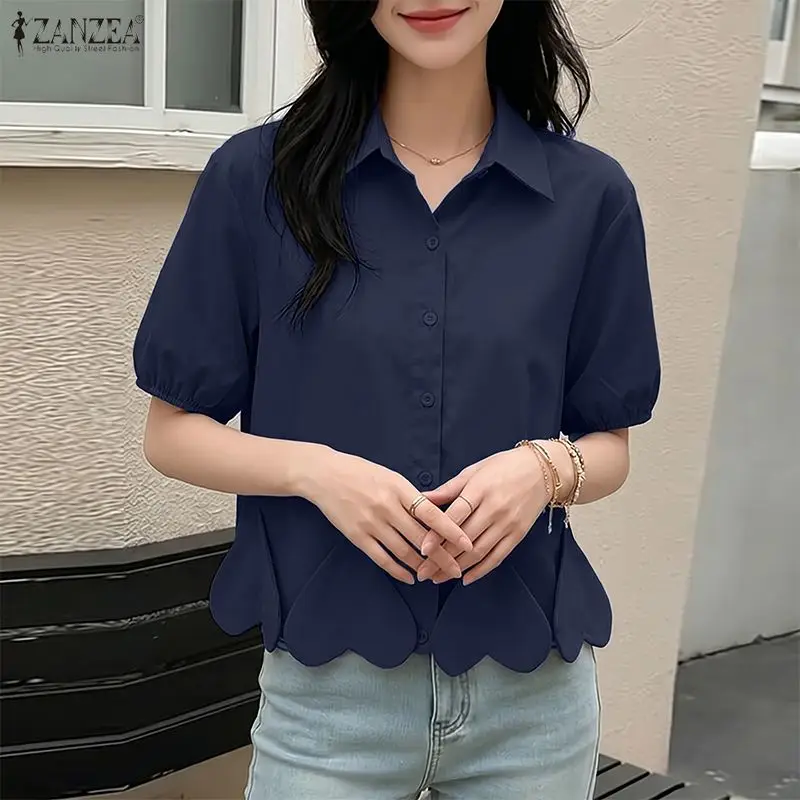 Women Short Puff Sleeve Short Shirts Turn-Down Collar Button Up Heart-Shaped Detailing Tops ZANZEA 2026 Summer Camisas Mujer