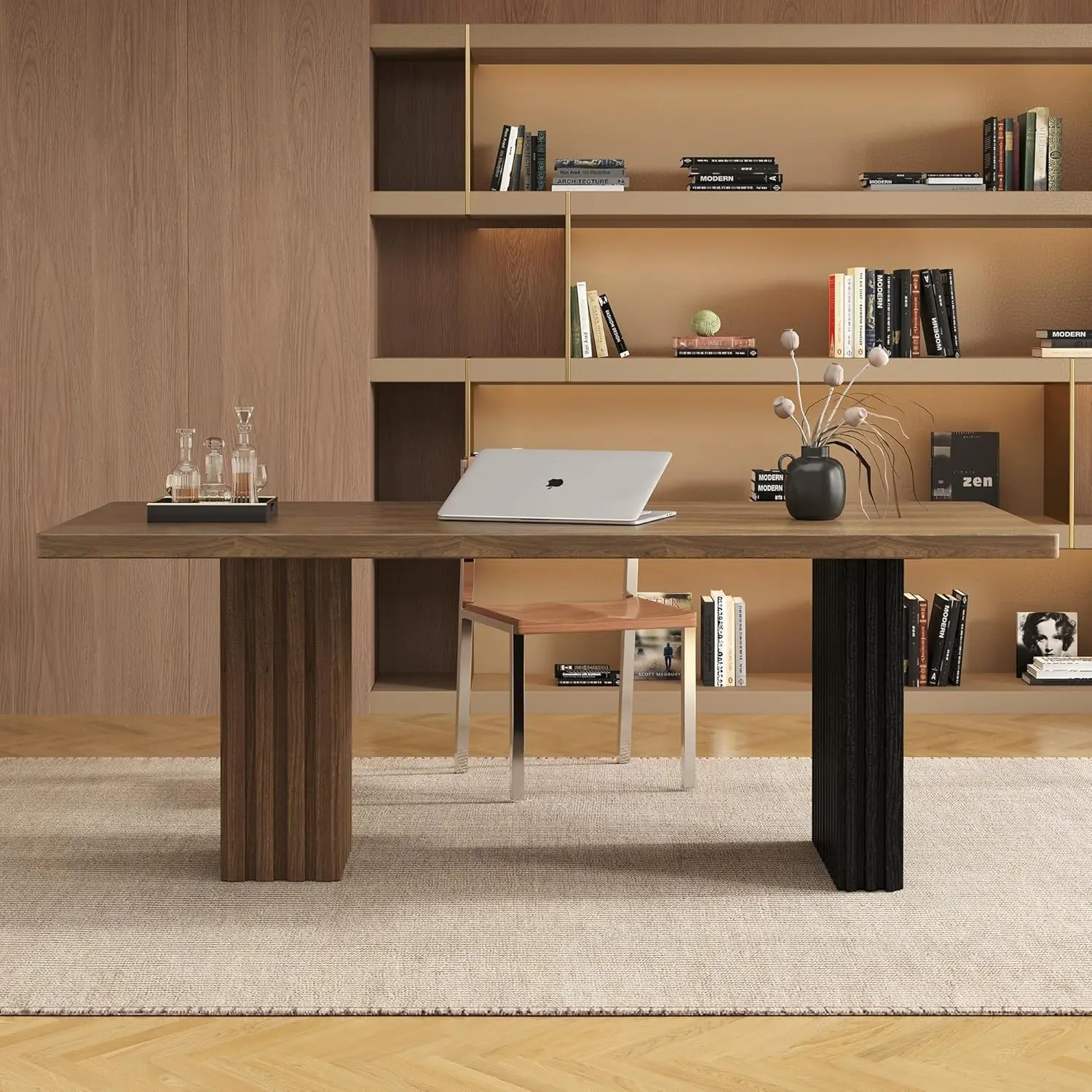 70.8" Modern Executive Office Desk, Rectangular Workstation with Heavy-Duty Double Pedestal, Wood Grain Finish, for Office