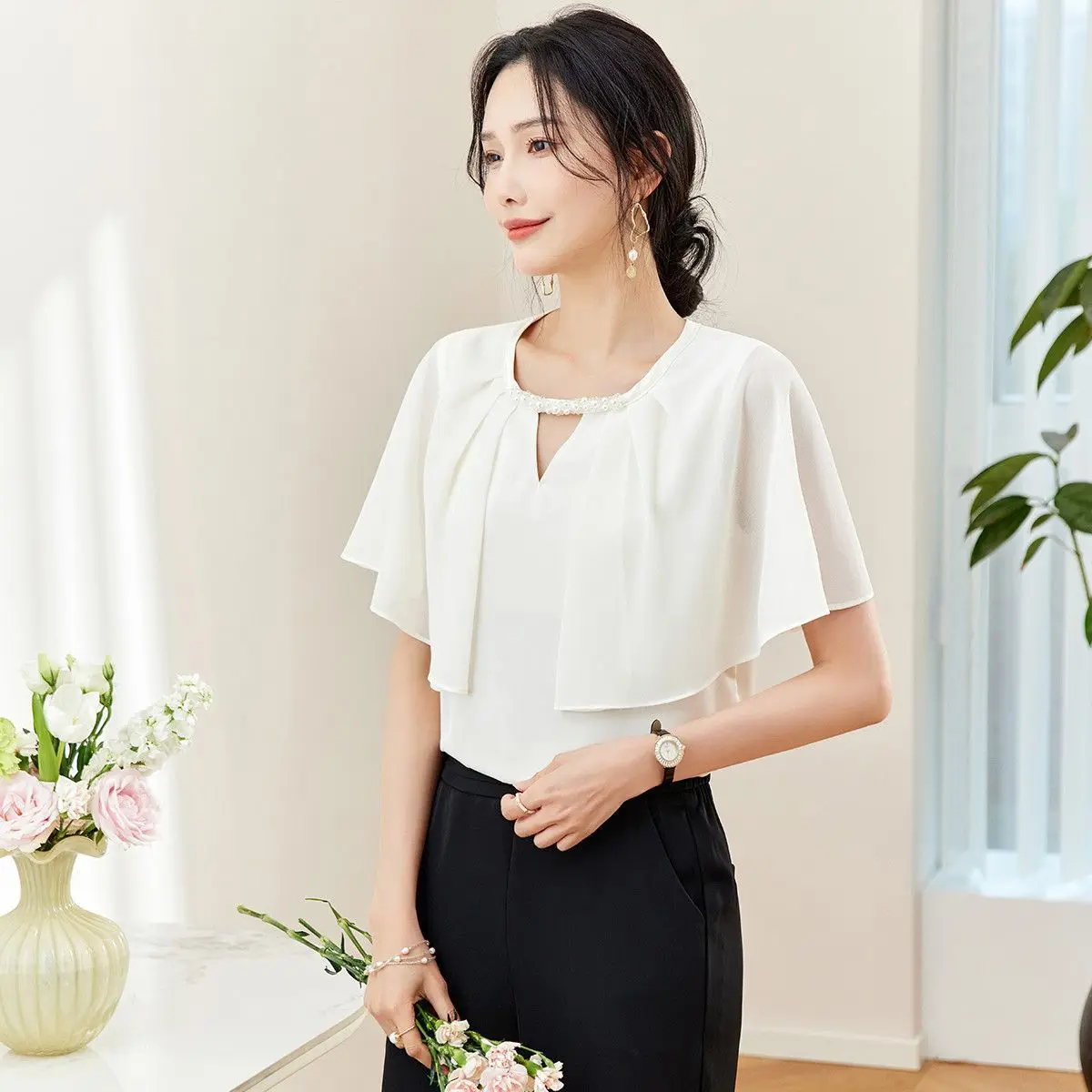 

Ele Sweet Heavy Bead ort Sve Women's irt Summer New Sle Fairy T Unique Small Top Commute Sle Korean Version