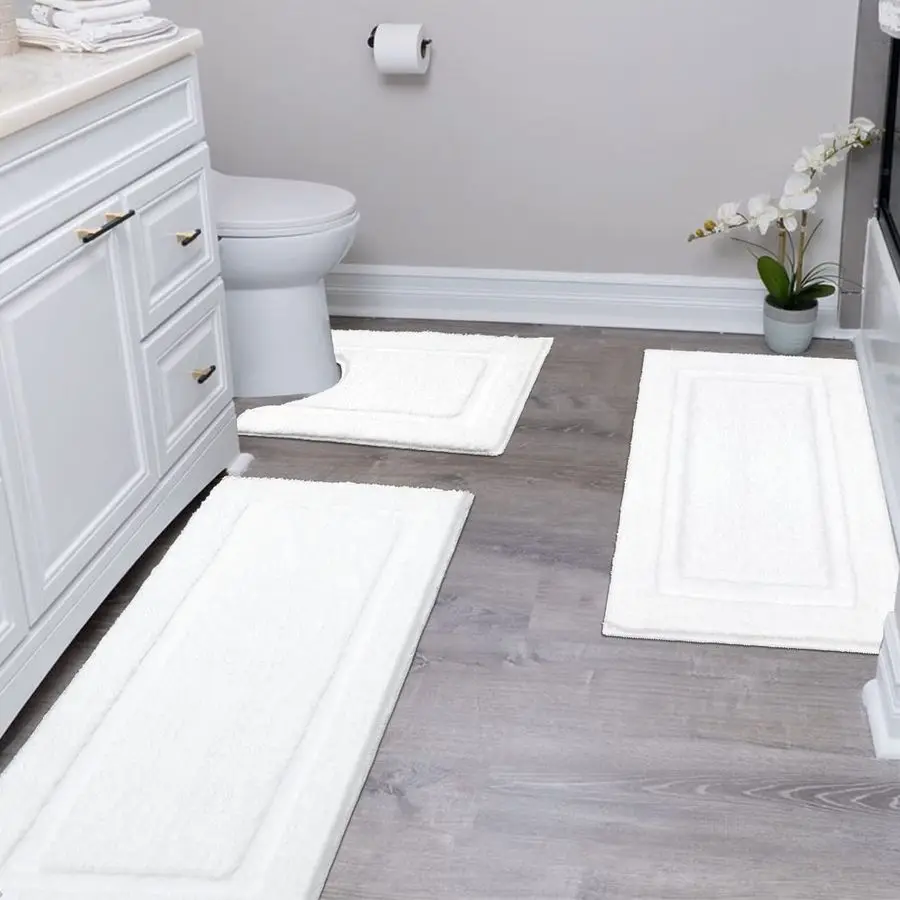 

White Bathroom Rugs Sets 3 Piece, 20x32 20x47 Non Slip Bath Mat and 20x24 Toilet Rugs U Shaped Washable, Soft Fluffy Water Absor
