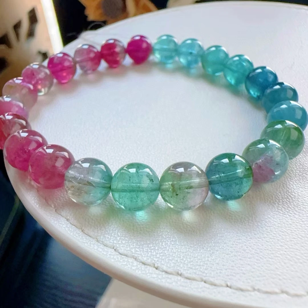 Natural Colorful  Watermelon Tourmaline Clear Round Beads Bracelet 8mm Red Green Tourmaline Women Men Jewelry AAAAAAA