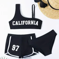 Girls 3pack Letter Print Sports Bikini Kids Swimsuit High Waist Shorts 8-12 Years Children's Swimwear 2025 Teens Bathing Suit