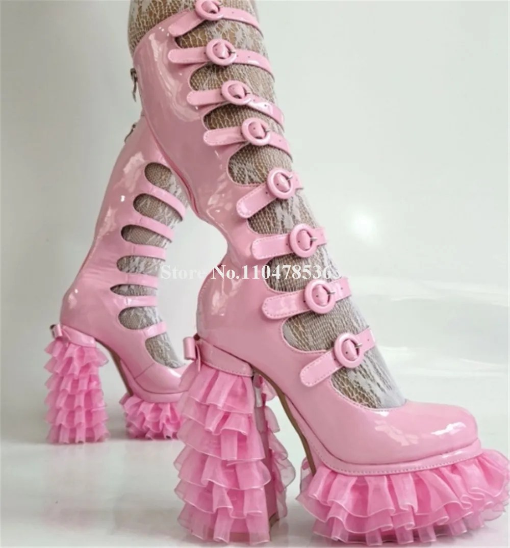 

Charming Style Mesh Fringes Chunky Heel Mid-calf Chunky Heel Boots Round Toe Ruffles Platform Pink Patent Leather Long Boots