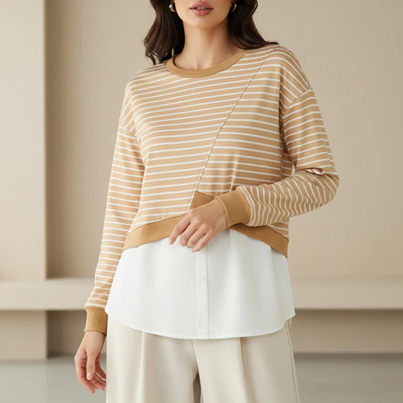 ZANZEA Damskie Bluzy w Paski z Asymetrycznym Szyciem, Wiosna 2026, Casualowe Bluzy z Okrągłym Dekoltem i Długim Rękawem, Rozmiary S-3XL