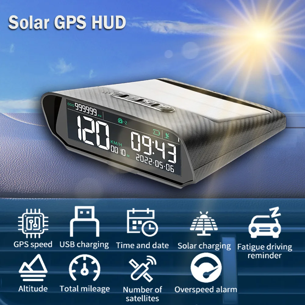 

Автомобильный HUD GPS-дисплей на солнечной батарее, цифровые часы, спидометр, сигнализация превышения скорости, оповещение о усталости вождении, дисплей высоты и пробега