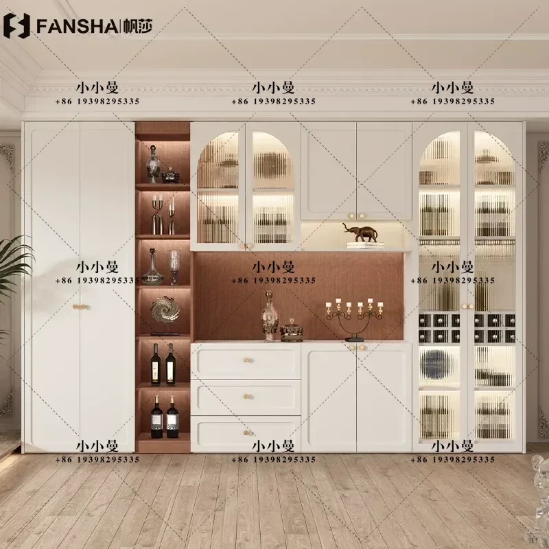 American Style Solid Wood Side Cabinet Wine Storage with Glass Door Living Room Wall Mounted Multi-functional Tea Cupboard
