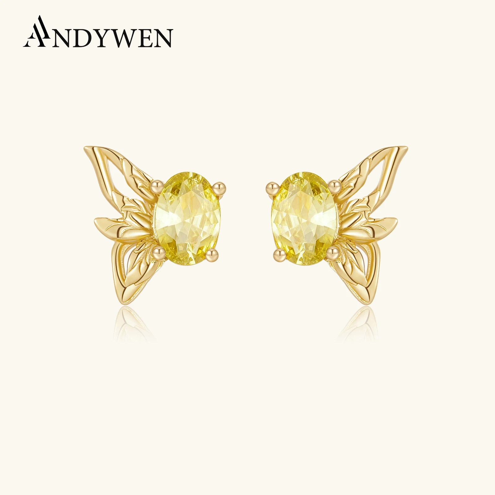 

ANDYWEN Серьги-гвоздики-бабочки из стерлингового серебра 925 пробы с овальным желтым цирконом, нежные полые украшения для ежедневных свиданий