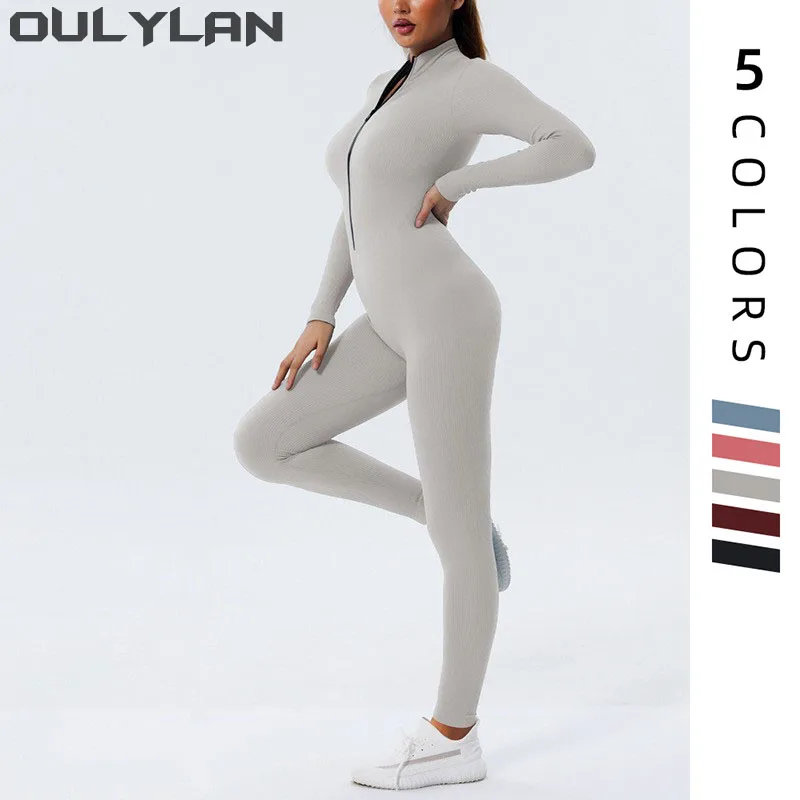 

Oulylan All-in-one Long Sleeve Sportswear Sports Suits Bodysuit Zipper One Piece Yoga Set Women Gym Clothes Fitness Workout Set