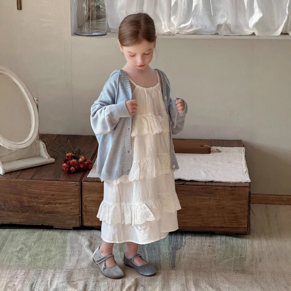 

Korean Spring Autumn Kids Girls 2PCS Clothes Set Lace Solid Ruffle Sling Dress Knitted Hooded Coat Suit Toddler Girl Outfits