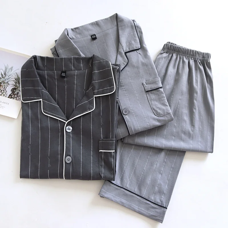 

Wholesale Men's Pajamas Knitted Cotton Long-sleeved Trousers Large Size Household Clothes Casual Cardigan Stripes Two-piece Set