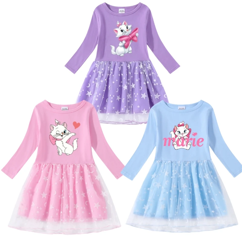 Anime Mary Cat Long Sleeves Dress Cartoon Cute Children's Fashionable Summer Mesh Dress Kawaii Party Princesss Skirt Kids Gift