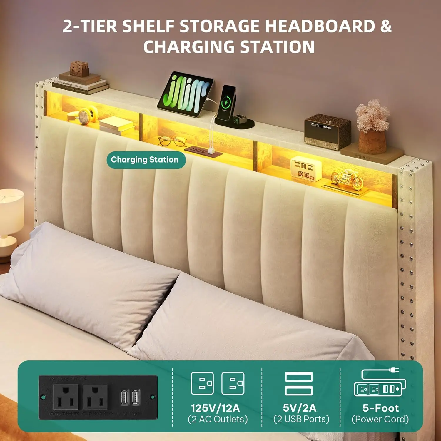 إطار سرير للتخزين مع محطة شحن سرير بمنصة منجدة مخملية مع أضواء RGB LED للتخزين اللوح الأمامي Wingback R