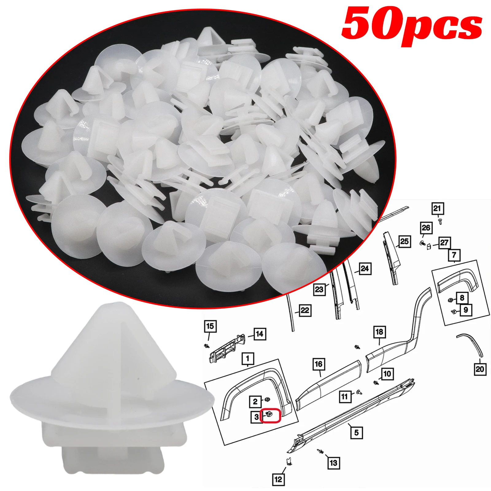

50pc Front Wheel Arch Flare Trim Moulding Clips for Peugeot EXPERT Platform/Chassis Van PARTNER Box Body/MPV TEPEE Door Exterior