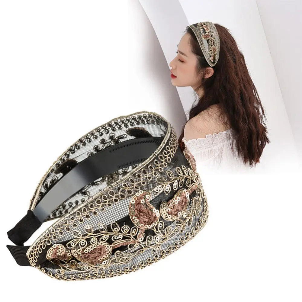 Retro Wide Lace Embroidered Women Headband Sequins Bezel Hair Hoop Female Turban Hairband Head Wrap Bandana