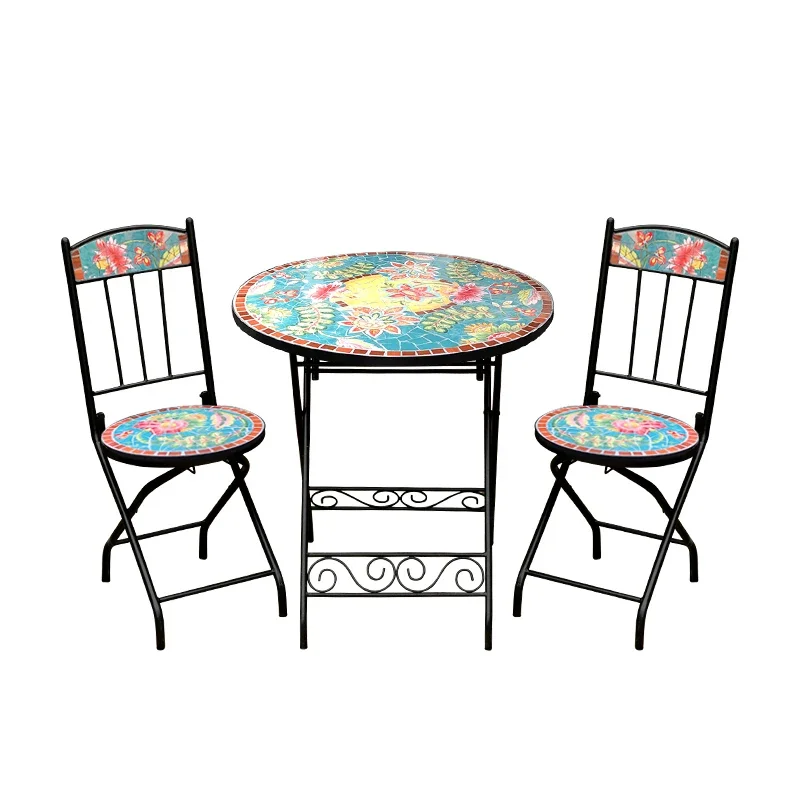 Color porcelain mosaic foldable outdoor balcony two-person table and chairs exquisite leisure, characteristic decorative design