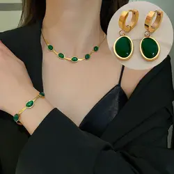 Titanium Steel Waterproof And Sweat Proof Hot Selling Emerald Necklace Earrings Bracelet Set Women's Temperament Retro