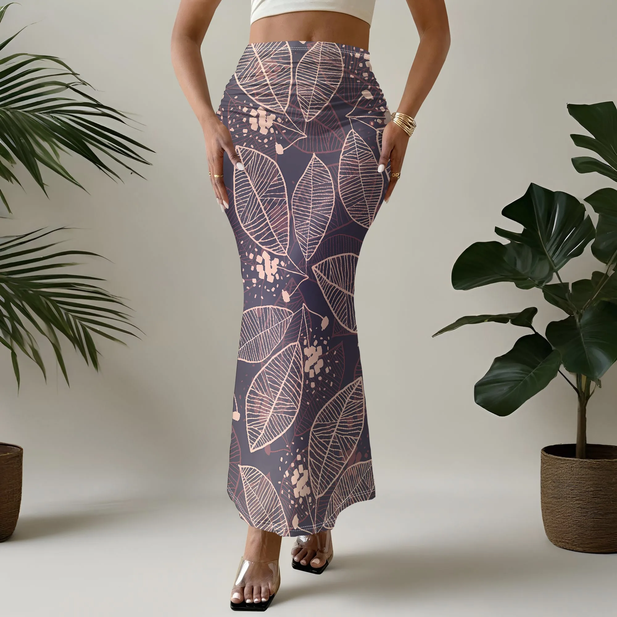 Boho Leaf Print Mermaid Skirt, High Waist Maxi Skirt, Bohemian Summer Skirt, Beach Vacation Wear for Women, S-2XL