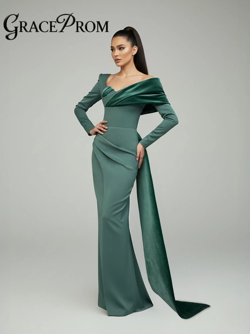 Elegant Dark Green Velvet Patchwork Evening Gown Asymmetric Off Shoulder Long Sleeve Mermaid Formal Prom Dress Customized