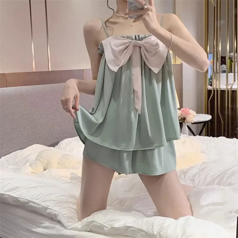 Princess Wind Bow Suspender Pajamas Female Summer Thin Cute Girl Ins Pajamas Home Pijamas Women Kawaii Satin Pjs Silk Pyjama Set