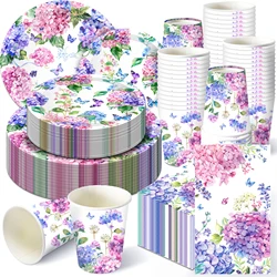 Hydrangea Floral Purple Flower Party Disposable Tableware Sets Paper Plates Cups Napkins Party Dinnerware Decor Party Supplies