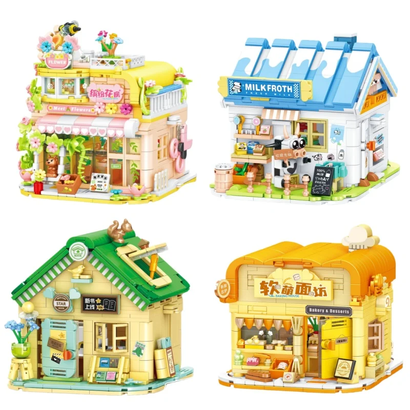 

Цветочный дом, книжный магазин, строительные блоки, вид на улицу, модель сращивания, головоломка из микрочастиц, детская сборка, игрушки, орнамент, подарки