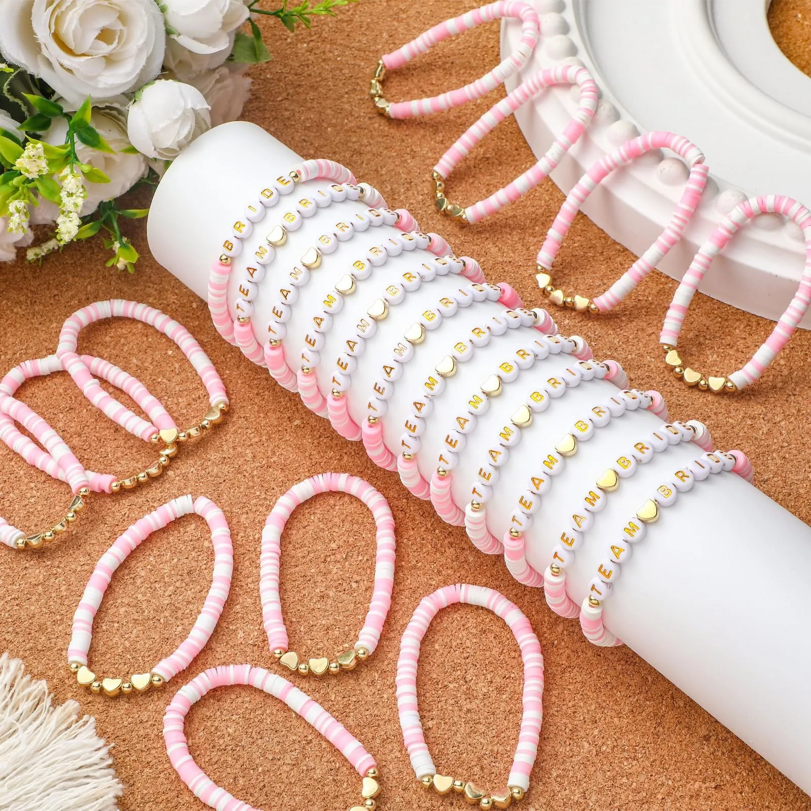 24 PCS Colorful Friendship Bracelets for Bride and Bridesmaid Handmade Soft Polymer Clay Bride Team Letter Beads Bracelet Set